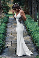 Long Spaghetti Straps Mermaid White Wedding Dress with Beading WD609