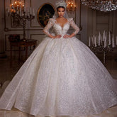 Luxurious Ball Gown Sparkly Wedding Dresses 2023 V Neck Long Sleeve Robe De Mariee Lace Beaded Princess Glitter Vestido De Novia