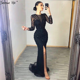 Luxury Black Beading V-Neck Mermaid 2025 Long Split Evening Gowns Party Wear Dresses For Women Real Photo LA70183