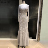 On Sale no return no refundSale Luxury Grey Long Sleeves Evening Dresses 2025 O-Neck Sequins Sparkle Mermaid Formal Dress LA6418