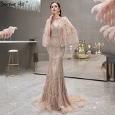 Luxury Nude V-Neck Mermaid Evening Dresses 2025 Sleeveless Shawl Yarn Feathers Sexy Formal Dress LA70171