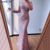 Luxury Pink O-Neck Mermaid Evening Dresses 2025 Dubai Long Sleeves Glitter Evening Gown LA70248