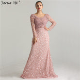 On Sale No Return No Refund Luxury Pink Pearls Lace Evening Dresses 2025 Mermaid Embroidery Long Sleeves Formal Evening Gowns LA6408