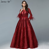 Luxury Wine Red Dubai Design Evening Dresses Long Sleeves Feathers Crystal Formal Dress 2025 LA70013