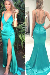 Jade Split Deep V-Neck Long Prom Dresses With Sweep Train