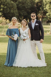 Cheap Long Chiffon Off the Shoulder Slate Mismatched Bridesmaid Dresses