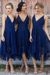 Cheap Navy V-neck Short Lace A-line Bridesmaid Dresses Online