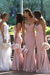 Elegant Mermaid Sweetheart Blush Pink Satin Long Bridesmaid Dresses