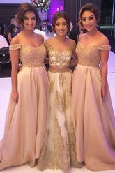 Elegant A -line Off the Shoulder Lace Long Bridesmaid Dresses with Beading