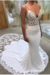Glamorous Spaghetti-Straps Lace Wedding Dress Mermaid Bridal Gowns MW290