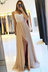Cheap Spaghetti Straps Chiffon Appliques Prom Dress With Side Split