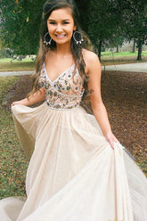 Chic Spaghetti Straps Low Back A Line Long Evening Dress