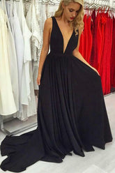 A-line Deep V-neck Open Back Black Satin Long Prom Dresses with Straps,Elegant Evening Dresses