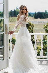 See Through Beaded Floral Lace Long Sleeve Boho Wedding Dresses MW269