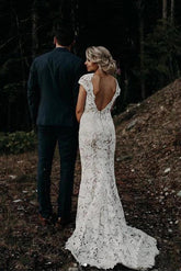 Charming Mermaid Lace Ivory Cap Sleeves Wedding Dresses, Bridal Dresses,