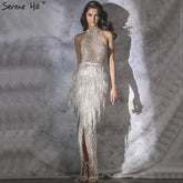 On Sale no return no refund Mermaid Tassel Luxury Halter Rhinestones Evening Dress Pageant Gown Sleeveless Mermaid Split Robe de Soiree LA60776