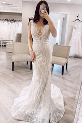 Mermaid V Neck Lace Wedding Dresses Backless Bridal Gown WD598