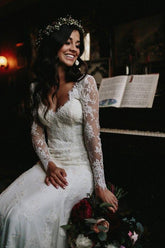 Mermaid V Neck Wedding Dress Long Sleeve Lace Bridal Gown WD610