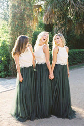 Modest Ivory Lace Forest Green Tulle Top Round Neck Bridesmaid Dress