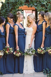 Modest Navy Blue Chiffon A-line V-neck Long Bridesmaid Dresses