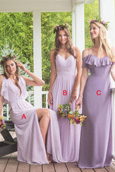 Modest Purple A-line Chiffon Mismatched Long Bridesmaid Dresses