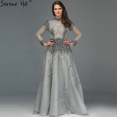 Muslim Grey Luxury Long Sleeves Evening Dresses 2025 Latest Design Crystal High Neck Formal Dress LA60975