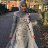 Muslim Grey Mermaid Long Sleeves Evening Dresses Knitting Diamond Luxury Evening Gowns Design 2025 LA70212
