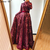 Muslim High Neck Wine Red Sparkle Wedding dress 2025 Long Sleeve Sequined Luxury A-Line Evening Gowns LA70530