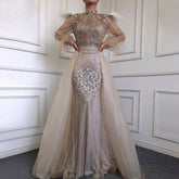 Muslim Silver Long Sleeve Feathers Beaded Evening Dresses Gowns Mermaid Luxury For Women Party 2025 LA71036A
