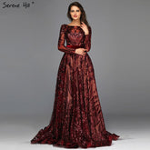 Muslim Wine Red A-Line Luxury Wedding dress 2025 Vintage Long Sleeve Sequined Evening Gowns Plus Size LA60799