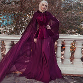 On Sale no return no refundSale Muslim Wine Red Long Sleeves Evening Dresses 2025 Long Shawl Sashs A-Line Simple Fromal Dresses LA70278