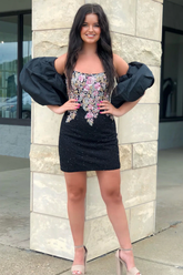 Vestido de fiesta negro sin tirantes con apliques y cuentas, mangas desmontables Y2823