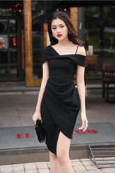 Robe fourreau noire pour bal de promo, robe de soirée noire Y2870