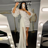 Vestido de novia corto con mangas abullonadas, escote corazón, brillante, moderno, ideal para damas de honor o para fiestas (modelo Y1208)