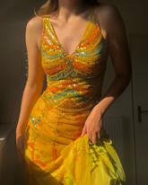 Robe de soirée deux pièces en mousseline à sequins et col en V, modèle Y8299