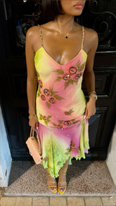 Vestido de noche largo de gasa con tirantes finos, cuentas degradadas en rosa y verde, con volantes, para fiesta o graduación Y8495