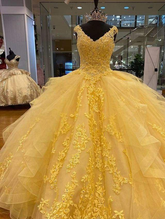 Robe de bal jaune en tulle et dentelle, coupe trapèze, pour quinceañera ou Sweet 15 (Y4065)