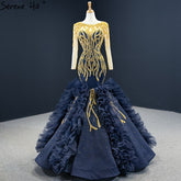 Navy Blue Mermaid High-end Sexy Evening Dresses 2025 Long Sleeve Beading Lace Up Sexy Formal Dress HM67132