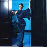 On Sale no return no refundSale Navy Blue Satin Mermaid Sexy Evening Dresses 2025 Sequins One Shoulder Bat Sleeves Formal Dress LA70347