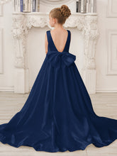 A-Line Princess Sleeveless Satin Flower Girl Dress with Sweep Train and Bow
