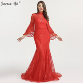 On Sale no return no refund Sale Mermaid High Collar Fashion Evening Dresses 2025 Long Sleeves Lace Sexy Formal Evening Gowns LA6555