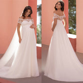 6129#Maternity wedding dress short-sleeved lace one-line collar mop tail bridal dress