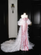 Robe de soirée sirène rose féérique sans bretelles, ornée de sequins et de plumes, fendue, modèle Y8660