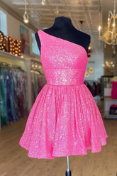 Robe de bal courte rose fuchsia asymétrique à sequins Y1487