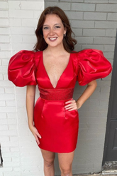 Vestido rojo satinado para baile de bienvenida con mangas abullonadas, vestido rojo de fiesta Y2296