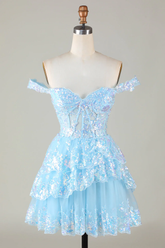 Vestido corto de fiesta de bienvenida con corsé azul brillante, encaje escalonado y corte en A Y4083