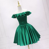 Vestido de fiesta de satén verde oscuro con escote con volantes s50