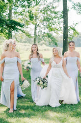 Off-Shoulder Pleated Light Blue Long Bridesmaid Dress with Split BD142