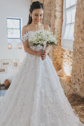 Elegant White Long A-line Off the Shoulder Tulle Floral Lace Wedding Dress