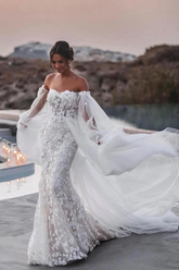 Off Shoulder Lace Mermaid Beach Wedding Dresses With Detachable Train WD655